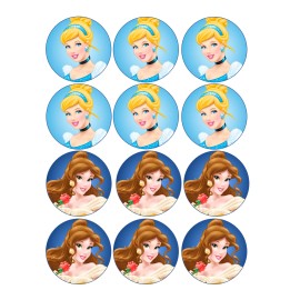 Handmade Set of 12 Belle and Cinderella, edible paper, cupcake cookie toppers PRE CUT - 1.5"