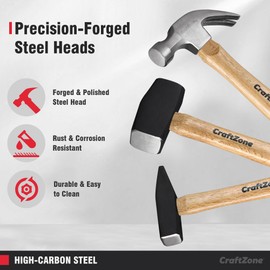 3PC Hammer Set Woodworking Tool - Claw Hammer 16oz | Sledge 3LB | Engineers' 500G DIY/Home/Office/Craft Wooden Handle