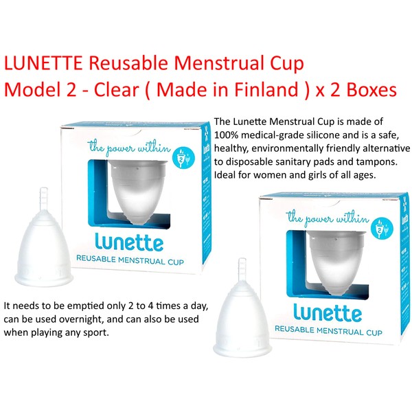 2 x LUNETTE Reusable Menstrual Cup Model 2 -  Clear ( Made in Finland ) FREEPOST