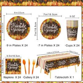 169PCS Friendsgiving Party Supplies Thanksgiving Autumn Dinnerware Paper Plates, Napkins, Cups, Cutlery, Tablecloth for Thanksgiving Party Decorations, Serve 24 Guests