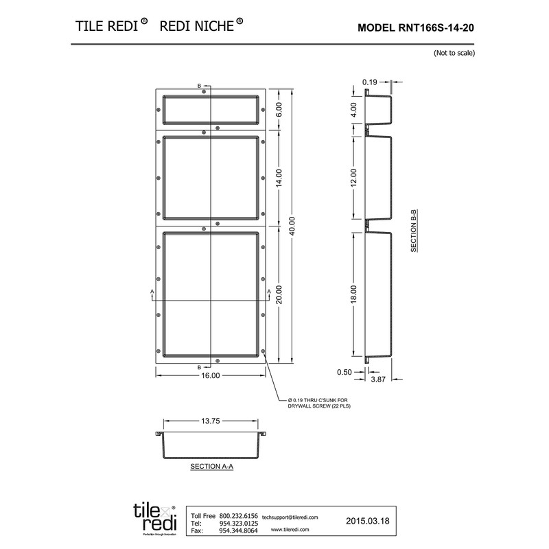 Tile Redi USA RNT166S-14-20 Shower Shelf, 16" x 40", Black
