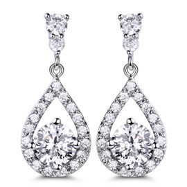 GULICX Dazzling Silver Plated Base Clear Round Cut Flawless CZ Cubic Zirconia Crystal White Drop Earrings