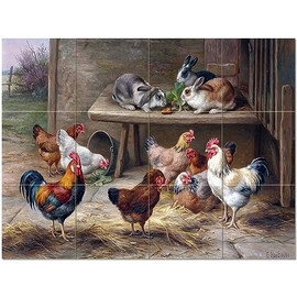 Tile Mural Farmyard Rabbits Rooster Hens by Edgar Hunt Kitchen Bathroom Shower Wall Backsplash Splashback 4x3 4.25" Ceramic, Matte