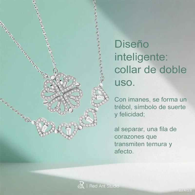 Collar Convertible Plata 925 Corazón Y Trébol De 4 Hojas