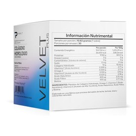 Primetech Colgeno Hidrolizado Puro para fortalecer la piel, cabello y uas con vitaminas y minerales 30 porciones de 10.82 gramos VELVET PLUS          