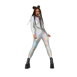 shoperama Iridescent Silver Metallic Catsuit Space Girl Disco Astronaut 80s 90s Rave Festival Bodysuit Overall, Size: S