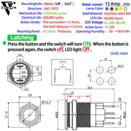 15 Amp ZJWZJH Latching Push Button Switch 16mm Waterproof IP67 12V DC 24V On Off SPST Blue Led Light for 0.63" Mounting Hole Metal with Wire Socket Plug Self-Locking