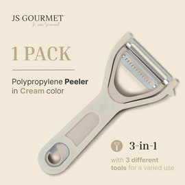 JS Gourmet 3 in 1 Vegetable Peeler, Julienne and Bottle Opener with Built-in Potato Eyer, Sharp Stainless Steel Blade, Manual Food Peelers for Cucumbers, Carrots, Potatoes, Fruits - Beige