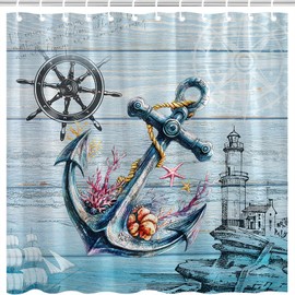 Coastal Anchor Shower Curtain Navy Blue Rustic Wood Plank Nautical Lighthouse Sailboat Wheel Compass Starfish Seashell Ocean Beach Theme for Men Polyester Bathroom Decor Fabric Curtain with Hooks