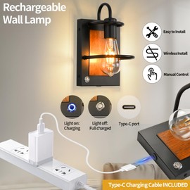 HOXIYA DIMMABLE Battery Operated Wall Sconce Set of 2, Industrial Wireless Wall Lighting Fixture, Faux-Wood Black Rechargeable Wall Lamp, Battery Powered Wall Decor for Bedroom Hallway, Bulb Included