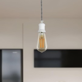 LEDSone White Vintage Metal Ceiling Pendant Light Fitting, Grey Twisted Braided Flex 1m Cable, E27 Lamp Holder Suspended Pendant Light Fitting Kit for Indoor Lightings