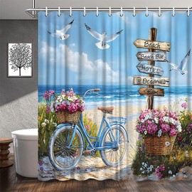 Ocean Beach Bicycle Shower Curtain Tropical Nautical Coastal Pink White Floral Green Leaves Seagull Blue Sea Wave Seasides Scenery Bathroom Decor Polyester Fabric Curtains with Hook 70Wx70H Inches