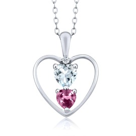Gem Stone King 925 Sterling Silver Sky Blue Aquamarine Pink Tourmaline and White Topaz Pendant Necklace For Women (0.66 Cttw, Gemstone March Birthstone, Heart 5MM and 4MM, with 18 Inch Silver Chain)