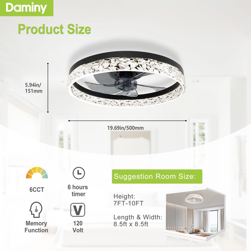 DAMINY 20" Black Modern Ceiling Fans with Lights and Remote,