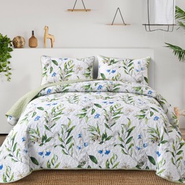 Quilt Set King Size Lightweight Sage Green Bedspread 3 Pieces Reversible Floral Bedding Set with 2 Pillowcases for All Season(Sage Green,104"x90")