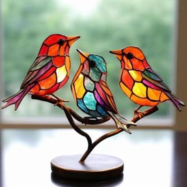 Luqeeg Vidrieras Aves en Rama Adornos de Escritorio, Estatua Artesanal Colibrí Multicolor, Doble Cara Acrílico Plano Arte de Mesa, Pájaro Estatua Adornos para la Decoración (3 pájaros