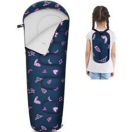 FIOBEE Kids Sleeping Bag for Girls Boys 3 Season Warm & Cool Weather 41℉ - 60.8℉ Camping Sleeping Bags with Backpacking Bag for Traveling Hiking Indoor Outdoor Camping Essentials Gear, Blue Black Love