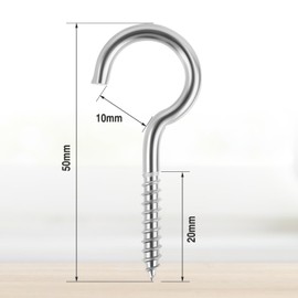 WuGU Pack of 20 Stainless Steel Screw Hooks, M4 x 50 mm, Self-Tapping Eye Screw Hooks, Ceiling Hooks, Hooks for Screwing for Hanging Chairs, Hammocks, Awnings, Fixed Cable