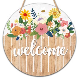 YQV Welcome Front Door Sign, Spring Summer Flower Wooden Hanging Sign, Floral Farmhouse Front Door Hanger, Round Indoor Outdoor Home Porch Window Decor(10"x10")-B08