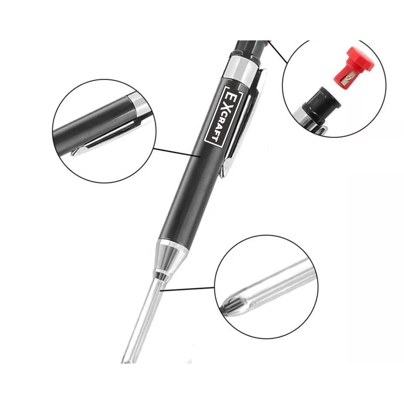 EXcraft Metal Mechanical Carpenter Pencil with 6 Refills Deep Hole