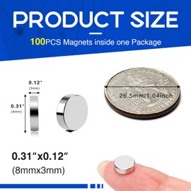 VSKIZ Small Magnets, 100 Pcs Magnets Fridge for Crafts, Strong Magnets for Whiteboard, 8x3mm Small Round Magnets Little Button Magnets Neodymium Office Magnets for Refrigerator, Home, Classroom