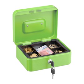 Relaxdays Lockable cash box, removable insert, 5 compartments, iron cash box, H x W x D: 8.5 x 20 x 17 cm, green