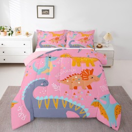 Erosebridal - Juego de ropa de cama de dinosaurio para niños, juego de edredón de 2 piezas para niñas, edredón de animales de dibujos animados rosa Kawaii Little Dino, relleno de edredón para todas