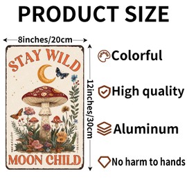 WIZYXQ Metal Sign Mushroom Stay Wild Moon Child Funny Tin Sign for Home Cafe Bar Garden Yard Outside Wall Decor 12×8 Inch