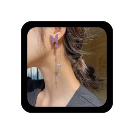 YienDoo Boho Long Tassels Butterfly Earrings Purple Crystal Butterfly Dangle Earrings Long Tassel Pearl Drop Earrings Statement Amethyst Rhinestone Butterfly Stud Earrings for Women