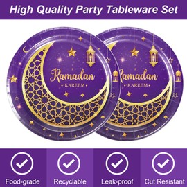 48pcs Ramadan Eid Mubarak Party Supplies Include 24 Plates, 24 Napkins for Ramadan Eid Mubarak Party Decoration (purple)