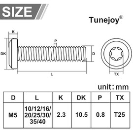 Tunejoy Trox Flat Head Screws M5 x 10 mm Black Flat Head Screws Stainless Steel A2 V2A Furniture Screws Hexagon Socket Full Thread with T25 Allen Key Pack of 30