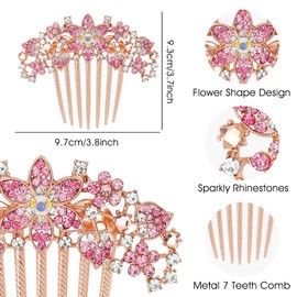 Women's Hair Comb with Inlaid Flowers and Rhinestones, Bridal Hair Accessories, Hair Side Comb for Girls, Gift (Pink)