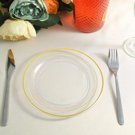 TABLECLOTHSFACTORY 10 Pcs -Clear with Gold 7.5" Round Disposable Plastic Plate for Wedding Party Banquet - Tres Chic Collection
