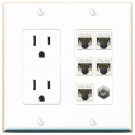 Wallplate City [6 Ports] 5 Cat5e-Ethernet and 1 x Coax Wall Plate - Outlet [White/White]
