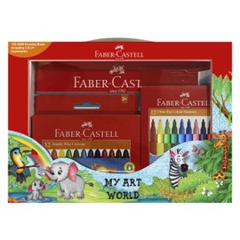Faber-Castell My Art World Set - Includes 12 Jumbo Wax Crayons, 12 Fibre-Tip Colour Markers and 1 Drawing Book (63-574101)