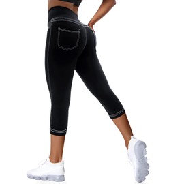 VOOVEEYA Curvy Leggings for Women, High Waisted Yoga Pants with Back Pockets Tummy Control Stretchy Workout Gym Tight(Capri Black 2XL)