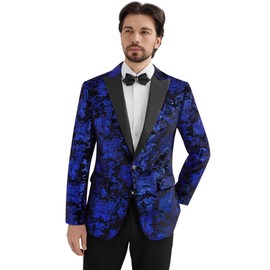 MAGE MALE Men's Velvet Floral Tuxedo Peak Lapel One Button Dinner Party Prom Wedding Suit Jacket Blue