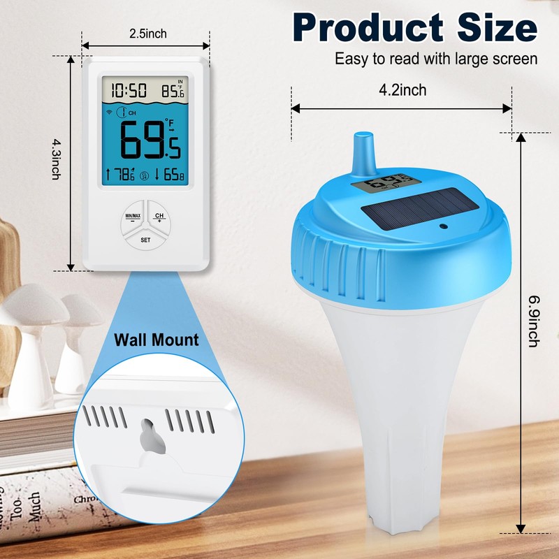 Pool Thermometer Floating Easy Read, Digital Wireless IPX8 Waterproof Thermometer