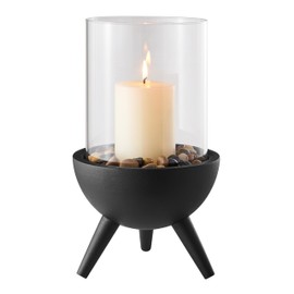 Danya B. Molta Modern Black Metal Bold Pedestal and Glass Pillar Hurricane Candle Holder Large