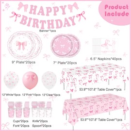 183pcs Coquette Birthday Decorations Pink Bow Birthday Party Supplies with Bow Plates Napkins Cups Banner Tablecloth Balloons for Girls Bachelorette Baby Shower Bow Theme Party Decoration