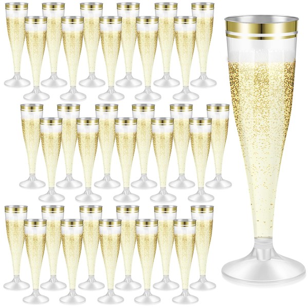 100 Pcs Gold Champagne Flutes Bulk 4.5 oz Clear Plastic Toasting Glasses Plastic Champagne Glasses Mimosa Glasses Disposable Cocktail Cups with Rim for Wedding Birthday Party Baby Shower