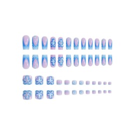 48 Pcs Pink Press On Nails Long Square & Press On Toenails Set - YEFIUO Spring Blue French Fake Nails Press ons Nail Art Tips Glue on Nails Acrylic Nail Kit False Toe Nails with 3D Flower Design