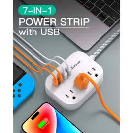 Dorm Room Essentials - 15Ft Power Strip with USB Ports, Flat Extension Cord with Multiple Outlets, Desk Accessories USB Charging Station, Non Surge Protector for Cruise Ship, Travel