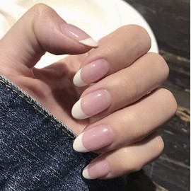 JUSTOTRY 24 Pcs Oval Short False Nails,White French Press on Nails Pattern,Nude Fake Nails Short with Nail Glue, Glossy Almond Stick on Nails for Women, Nails Fake Nail for Nails Art