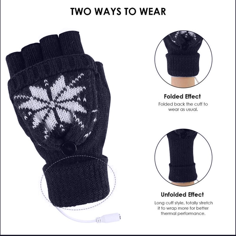 USB Heating Gloves Full Half Fingerless Knitting Double Side Warm