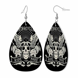 Tattoo Leather Earrings Motorcycle Skull with Helmet and Wings Lightweight Tear Drop Dangle Color Earrings for Women