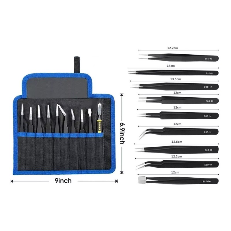 POLLITO DIABLO Kit Pinzas Antiestáticas De Precisión Acero Inoxidable 10pcs