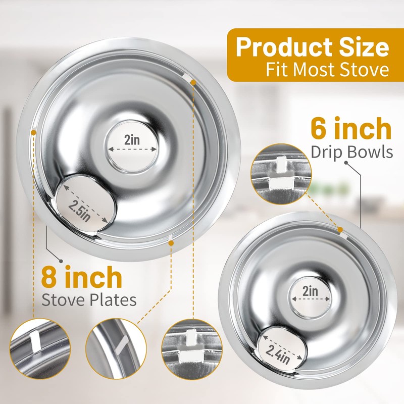 4 Pack Chrome Drip Pans, Compatible with Whirpool Kenmore Frigirate