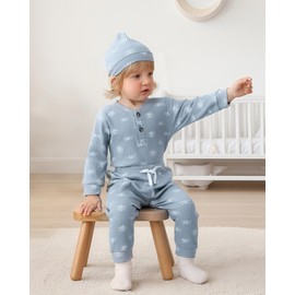 NZRVAWS Baby Boy Clothes Outfits Newborn Boy clothes Long Sleeves Infant Romper Fall Winter Blue Pants Sets Hat 3PCS for New Born Baby Boys