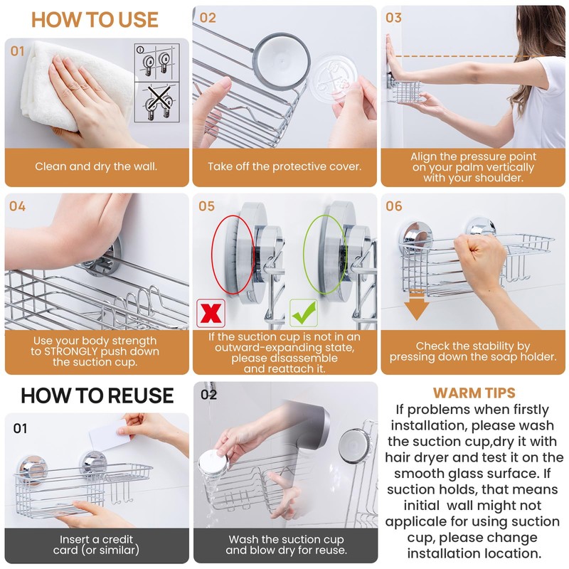 LEVERLOC Shower Caddy Suction Cup, Silver Shower Shelf with Hooks